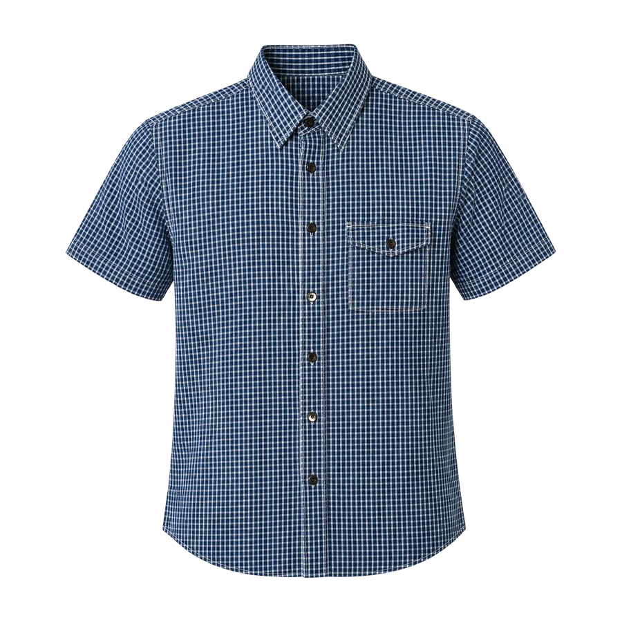 Kemeja denim motif kotak-kotak dengan kancing depan
