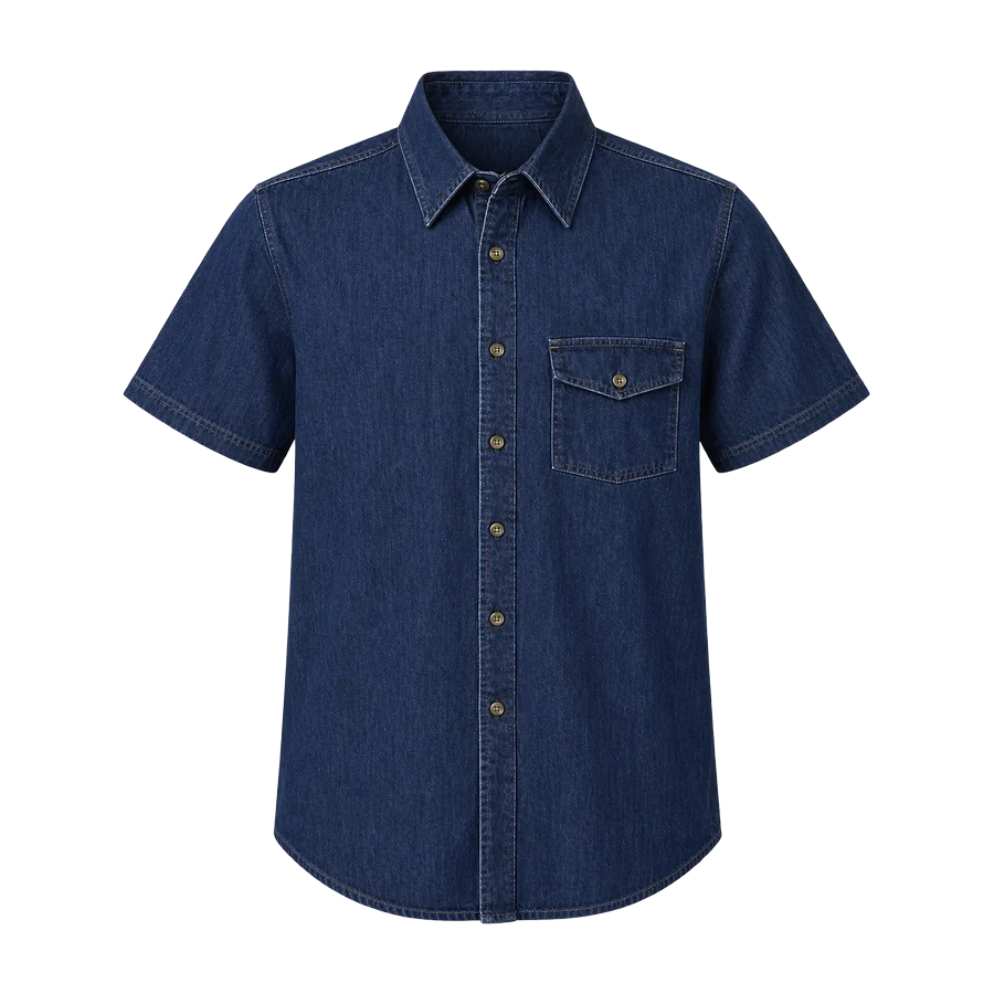 Kemeja denim warna indigo dengan kancing depan dan saku dada