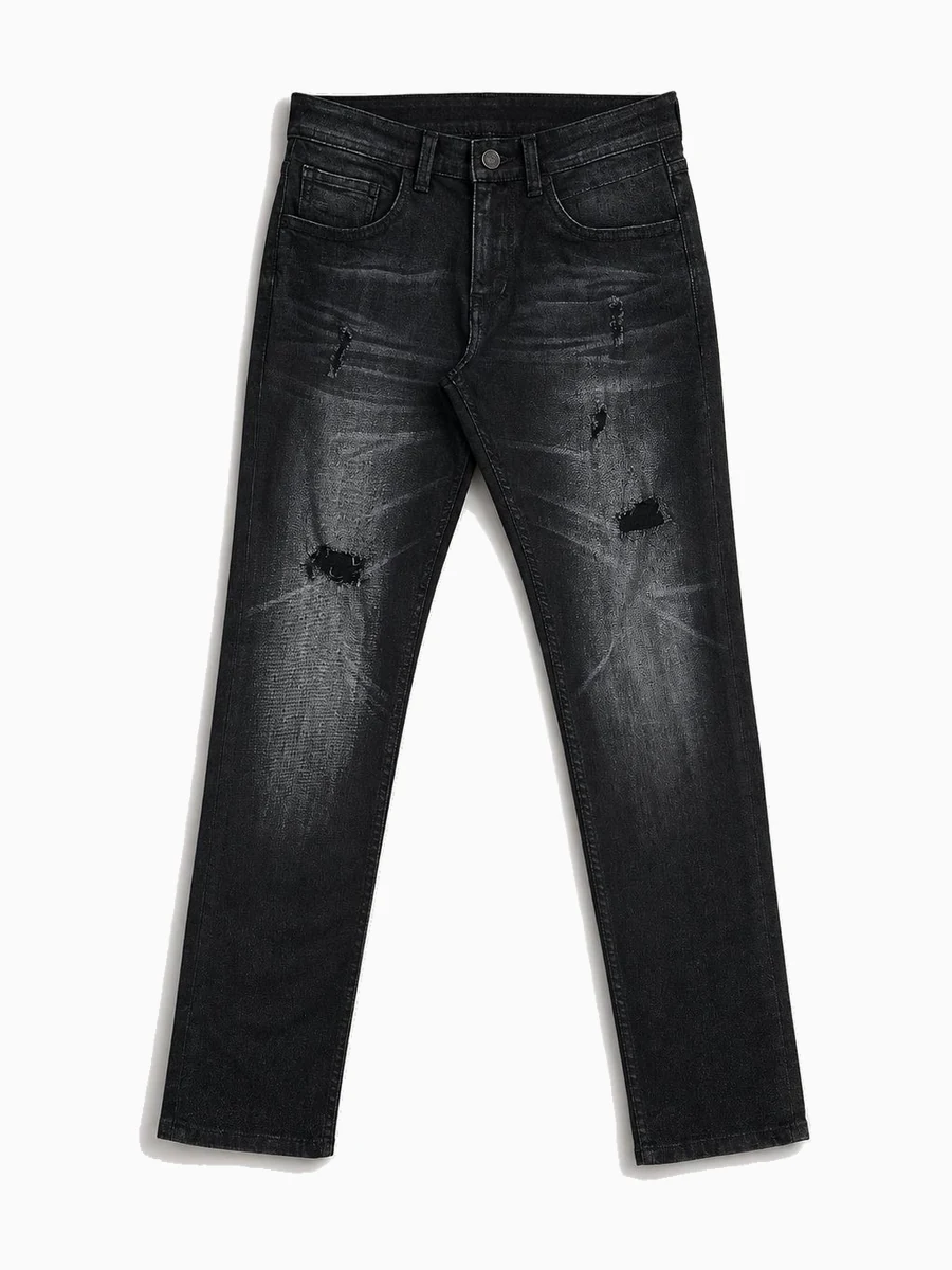 Jeans pria potongan slim fit warna hitam dengan detail ripped dan wash abu-abu